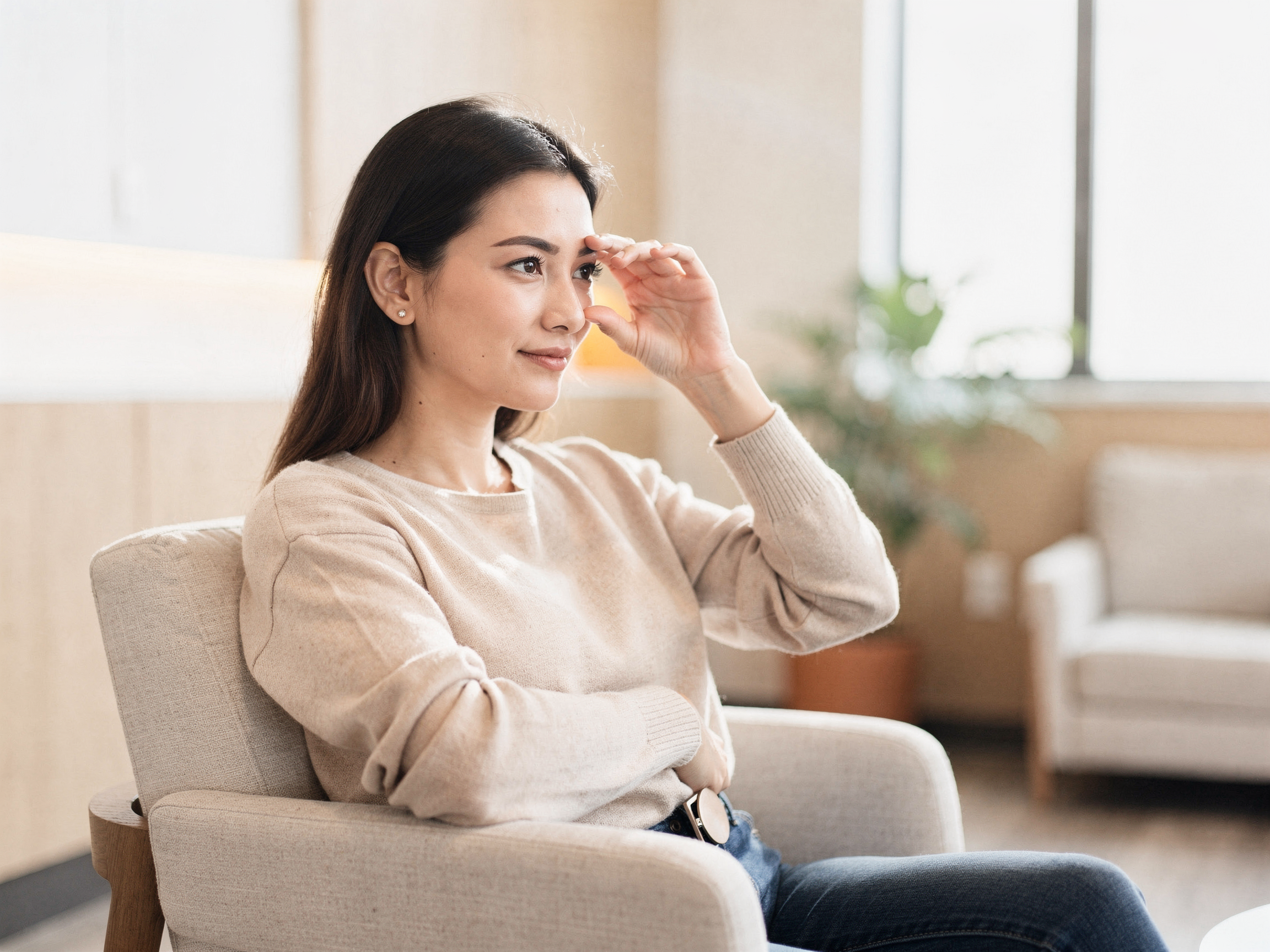 Woman sitting in a chair touching the bridge of her nose, suggesting sinus discomfort
